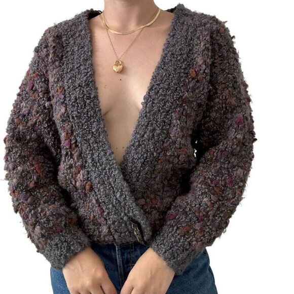 Vintage 1980s Eric Gregory Hand Knit Wool Fluffy Sexy Hippie Cardigan Sz M - Picture 5 of 7
